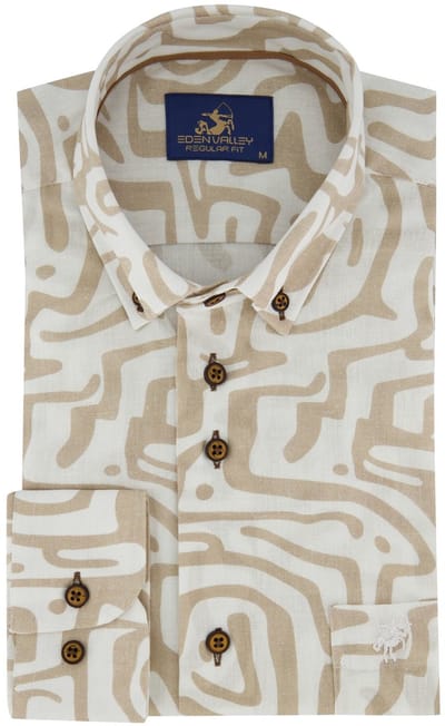 beige regular fit overhemd Eden Valley borstzak linnen geprint