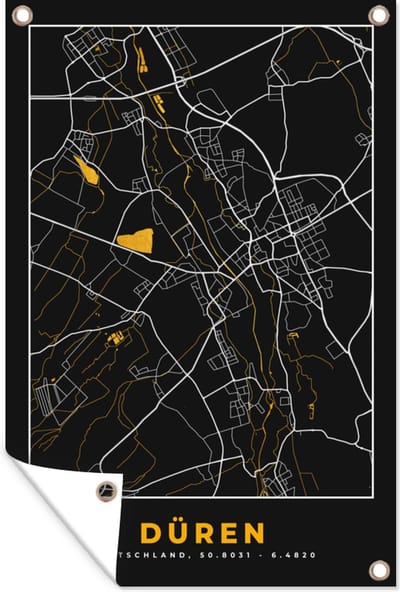 Muurdecoratie Black and Gold – Stadskaart – Düren – Duitsland – Plattegrond – Kaart - 120x180 cm - Tuinposter - Tuindoek