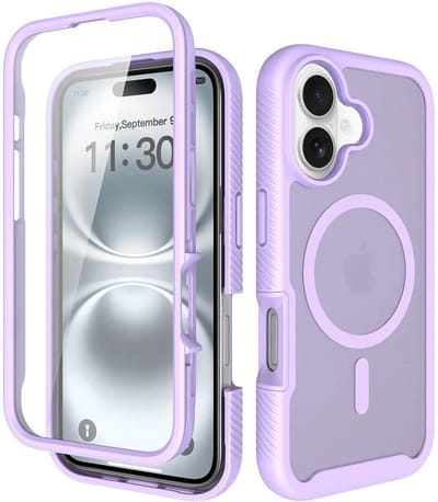 Hoesje met Ingebouwde Screenprotector Geschikt voor Apple iPhone 16 - Compatibel met MagSafe / Qi2 - Full Protect - Schokbestendige Beschermhoes - Case Matte Paars