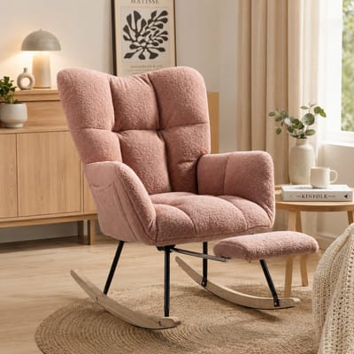 Schommelstoel - Fauteuils met armleuning - Relaxfauteuil - stoel babykamer - Zijvakken - Metalen frame - voetpedaal - Teddyfleece materiaal - voorzien van vloerbeschermende viltstrips - Roze