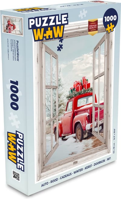 Puzzel Auto - Rood - Cadeaus - Winter - Kerst - Doorkijk - Wit - Legpuzzel - Puzzel 1000 stukjes volwassenen - Kerst - Cadeau - Kerstcadeau voor mannen, vrouwen en kinderen