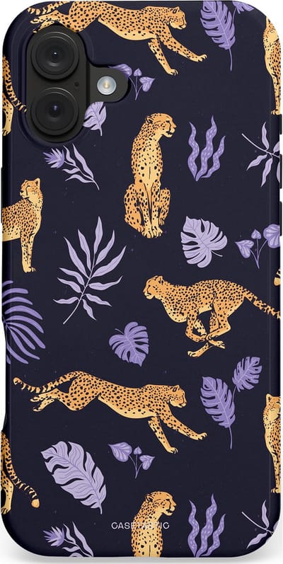 Casetastic hoesje geschikt voor Apple iPhone 16 Plus - MagSafe - Dubbellaagse bescherming - Cheetah charisma - Fashion Case - Donkerblauw Lavendel Taupe Perzik