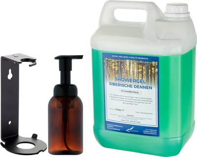Zeepdispenser 300 ml amber bruin hervulbaar + 5 liter Showergel Siberische Dennen navulling (inclusief beugel)