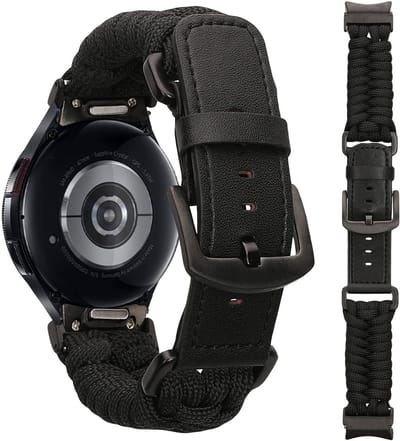 kwmobile Vervangingsarmband gevlochten voor Samsung Galaxy Watch 4 / 5 / 6 Galaxy Watch 7 / FE armband - Fitness tracker sportarmband van PU-leer met horlogesluiting - zwart
