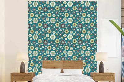 Behang - Fotobehang Retro - Bloemen - Patronen - Blauw - Breedte 225 cm x hoogte 280 cm