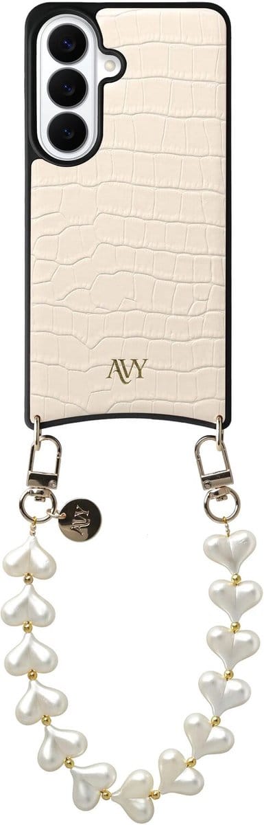 AVY Leren Hoesje Geschikt voor Samsung Galaxy S26 | Compatibel met MagSafe | Leather Case met Telefoonkoord | Polsband | Croco Beige | Cupid Pearl