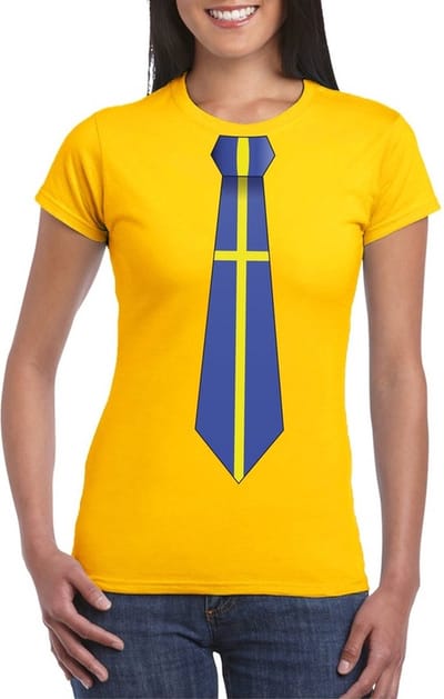 Geel t-shirt met Zweedse vlag stropdas dames - Zweden supporter S