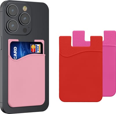 kwmobile Stick-On Card Holder for Phone (Set of 3) - Silicone Wallet Card Holders - Sticks on to Cell Phone Back or Case - Pink / Dark Pink / Red