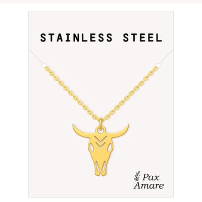 Stainless Steel Stier Schedel Ketting Goudkleurig - 45cm + 5cm Verstelbaar Roestvrij Staal - Schattige Cadeau Hanger - Pax Amare