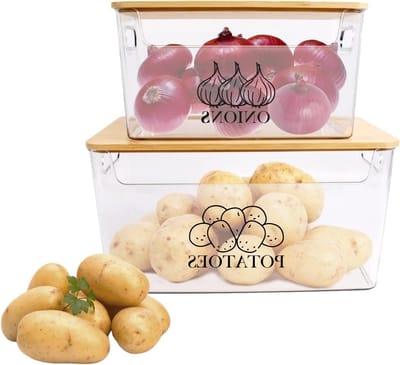 Transparante Acrylaat Aardappelstandaard - Set van 2 Stapelbare Opbergcontainers met Bamboedeksel voor Aardappelen, Groenten en Fruit