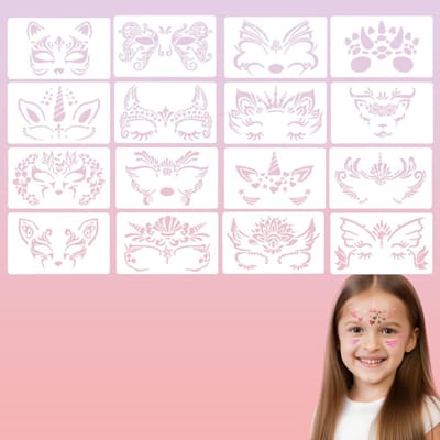 Herbruikbare gezichtsverfsjablonen voor make-up en lichaamsschilderen, 16 stuks voor kinderen en feestelijke gelegenheden zoals Halloween, Kerst en verjaardagen