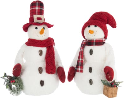 J-Line figuur Sneeuwman Jongen + Meisje - polyresin - wit/rood - 2 stuks