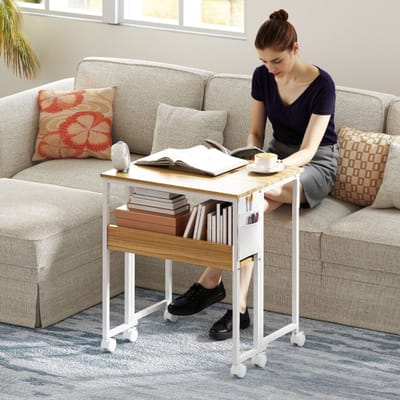 MODFU - Klapbureau Met Wielen En Opbergvak - Voor Thuiskantoor - Hout - Naturel - 63 X 50 X 75 Cm