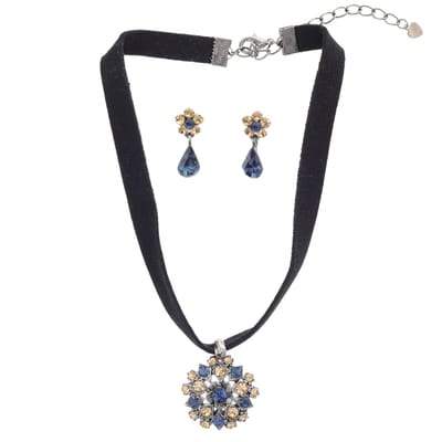 Behave – Sieradenset – Nachtblauw Bruin – Zilverkleur – Choker – Nikkelvrij