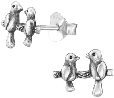 Joy|S - Zilveren vogel oorbellen - vogeltjes op een takje - 9 x 7 mm - geoxideerd - sterling zilver 925