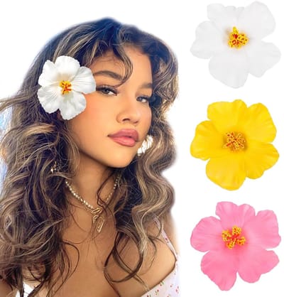 Allecto - Hawaïbloemen haarklemmen - 3 stuks - Kunstbloemen voor vakantie - Haarklip - Strandfeest - Plumeria hibiscus - Geschikt voor vrouwen - 9 cm