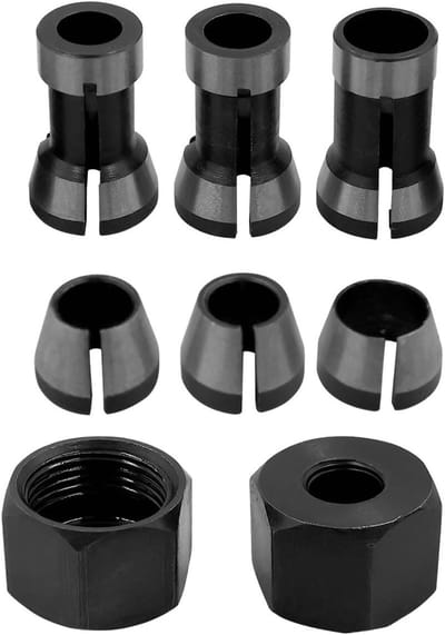 8-delige Collet Set voor Router met 6 mm, 6.35 mm en 8 mm Adapter en 2 Moeren voor Graveermachine, Geschikt voor Diverse Merken zoals Bosch en Dewalt