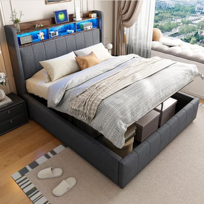 STILVORA Gestoffeerd Bed 140x200 - Hydraulisch Tweepersoonsbed Met Kopbord Opberglades - Linnen - Grijs