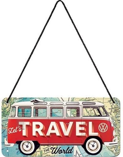 Hangend Volkswagen Bulli Let's Travel Metalen Bord - 10 x 20 cm