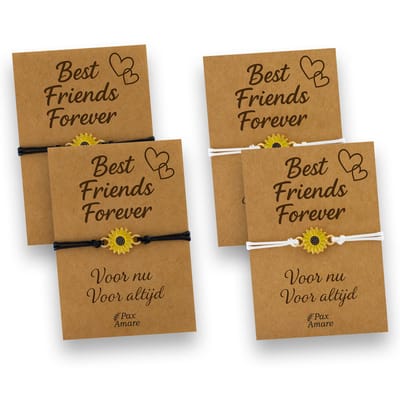Vriendschapsarmbandjes voor 4 "Best Friends Forever" - Zonnebloem - BFF Armbandjes met Persoonlijk Cadeau Kaartje - Wit & Zwart met Bloem Hanger - Op Vier Kaartjes- Pax Amare