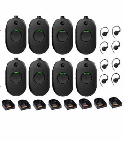 Set van 8 Motorola CLP446E Mini Portofoons met oortje en tafelladers