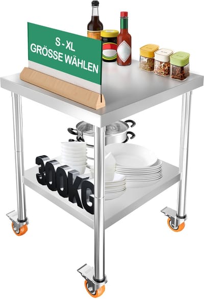 Froadp 85x 61x 46cm 4 wielen Roestvrijstalen werktafel Keuken In hoogte verstelbaar Mobiele dubbellaagse werkbank Barbecuewagen TOT 300KG Roestvrijstalen tafel Voor restaurant School Campingfeest - S
