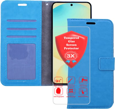Bookcase Geschikt voor: Samsung Galaxy A56 Turquoise - Portemonnee hoesje met 3x Glas Screen protector - Book Cover