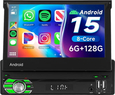 ESSGOO Autoradio 1 Din - Android 15, 6+128GB - Apple Carplay & Android Auto (Draadloos) - 7 Inch IPS HD Handmatig Klapscherm - GPS, BT, WIFI, USB, AUX