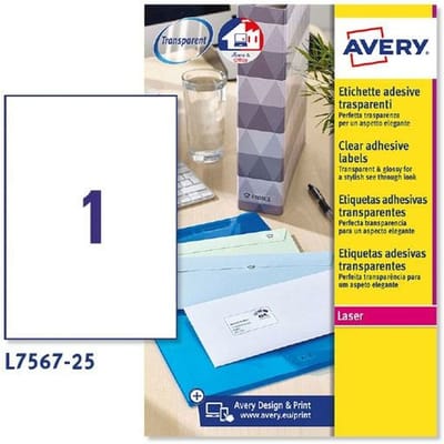 Stickers/etiketten Avery 210 x 297 mm Transparant 25 Lakens
