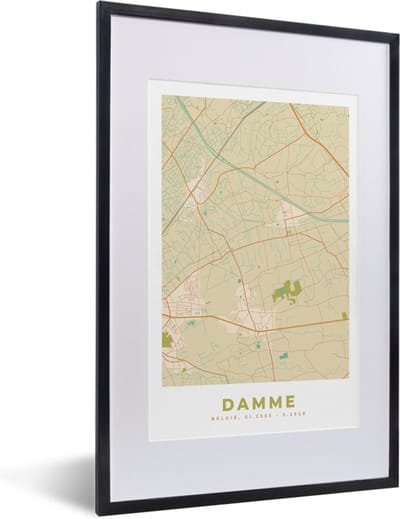 Fotolijst incl. Poster - Damme - Kaart - Vintage - Stadskaart - Plattegrond - 40x60 cm - Posterlijst