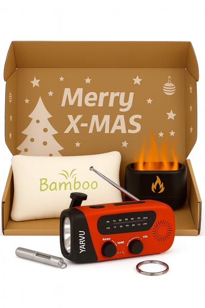 Kerstpakket Trends 2025 - Noodradio - Noodfluit - Bamboe Kussen - Aroma Diffuser - Kerst Pakket - Geschenkset - Cadeau - Doos
