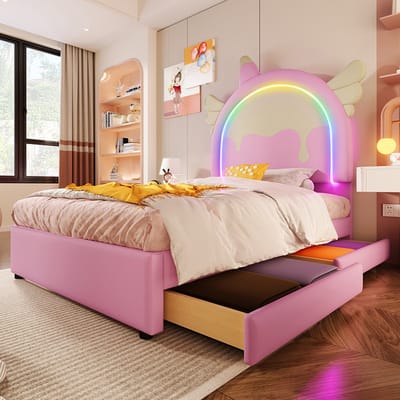 Pugsdrly Gestoffeerd bed, 90 x 200 cm, zonder matras, met lichtstrip, bed met 2 lades, eenhoornvorm, PU, roze