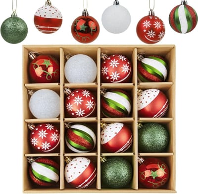 Kerstballen in Rood, Groen en Wit - 16 Stuks van 6 cm - Kleurrijke Decoraties voor Binnen en Buiten, Diverse Ontwerpen