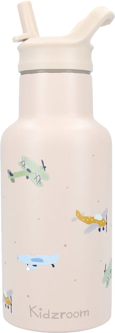 Kidzroom Small Talk - Schoolbeker en Drinkfles - 350ml - Stainless Steel - Vliegtuigen - Beige