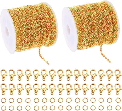 10 m Gouden Ketting voor Roestvrijstalen Sieraden, Meter Ketting voor Sieraden Maken, Rolketting voor Vrouwen, Uitbreidingsketting voor Creatie Ketting Armband, Met 120 Ringen en 60 Sluitingen