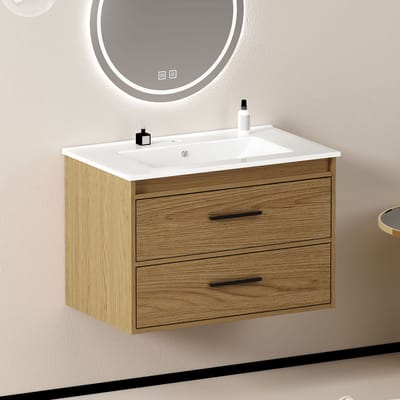 OKWISH Badkamerkast - Veel Opbergruimte Met 2 Lades - Voor Kleine En Middelgrote Badkamers - Keramiek En MDF Licht Eiken - 75 Cm