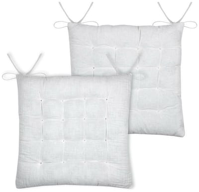 Stof Textile stoelkussen Coline - 2x - wit - 38 x 38 x 4 cm - touwtjes sluiting - zitkussens - binnen/buiten