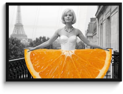Poster in lijst - Fotolijst 90x60 cm - Posters - Sinaasappel - Eiffeltoren - Vrouw - Posterlijst zwart - Decoratie - Wanddecoratie woonkamer - Muurdecoratie slaapkamer