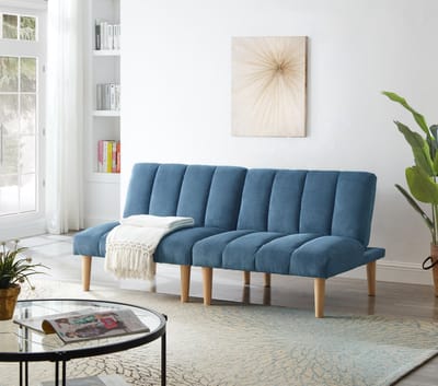 Wishdor Slaapbank - 3-Standen Verstelbare Rugleuning - Modern Ontwerp - Als Zitbank En Logeerbed - Ribstof Met Houten Poten - Blauw