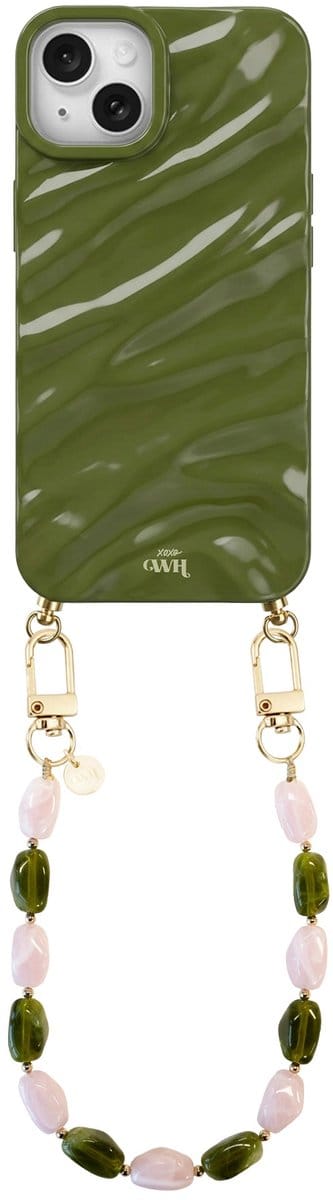 xoxo Wildhearts Green Glaze telefoonhoesje met koord - geschikt voor iPhone 15 Plus - Rose Quartz (kort koord) - Dream hoesje met telefoonkoord - Glimmende silicone case met plooien - Steentjesketting - Groen / Roze