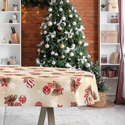 ANRO Tafelkleed Kerstballen Beige Ovaal 260x140cm Rechte rand Afwasbaar Waterafstotend