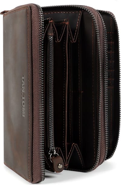 TAN.TOMI - Leren Portemonnee Heren - Pasjeshouder Mannen - Portefeuille Jongens - Portefeuille met rits - Clutch - RFID Beveiligd - Echt lederen Billfold - Donkerbruin