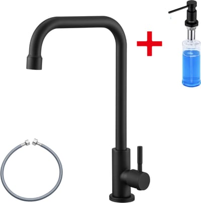 CECIPA max Koudwaterkraan Zwart - Keuken kraan - Met Zeepdispenser 300ML - Fonteinkraan - Duurzaam - Mat zwart Afwerking - Inclusief Aansluitslang - Eenvoudige installatie