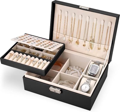 Large 2 Layers Jewellery Box with Lockable PU Leather Organiser for Rings Earrings Necklace - Black