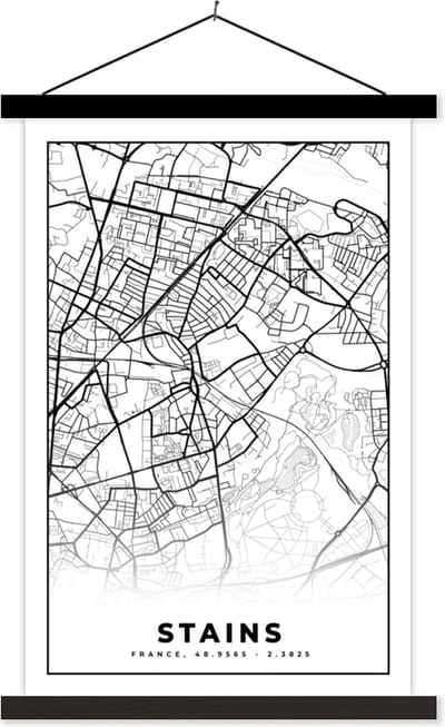 Posterhanger incl. Poster 40x60 cm - Schoolplaat - Stains - Stadskaart – Plattegrond – Kaart – Frankrijk - Zwart wit - Textielposter - Zwarte latten - Stadskaart