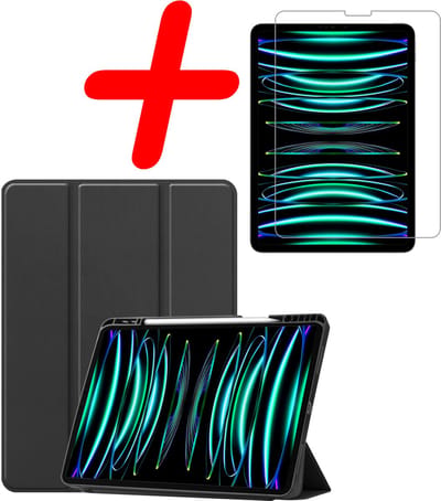 Hoesje Geschikt voor Apple iPad Pro (2022) - 11 inch - 4e generatie - Met Screenprotector - Trifold Bookcase - Hard Cover Case - Met Uitsparing Geschikt voor Apple Pencil - Hardcover Book - Tablet Hoes - Zwart