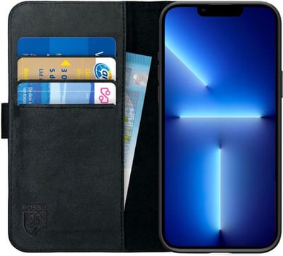Rosso Deluxe Echt Leer Book Case Hoesje Geschikt voor Apple iPhone 14 Pro | Ruimte voor drie pasjes | Portemonnee Book Case | Met Pasjeshouder | Zwart