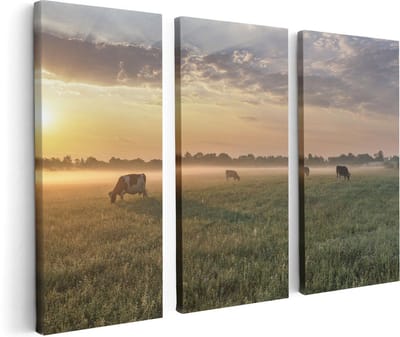 Artaza Canvas Schilderij Drieluik Koeien In De Wei Tijdens Zonsopkomst  - 120x80 - Foto Op Canvas - Canvas Print