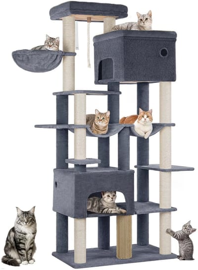 Multi Level Cat Tower - 200 cm - Krabpaal Katten Groot – Met 10 Krabpalen en 2 Hangmatten – Kattentoren met 2 Holletjes, Mand en Platform – Inclusief Kattenborstel – Geschikt voor Grote Katten en Kittens