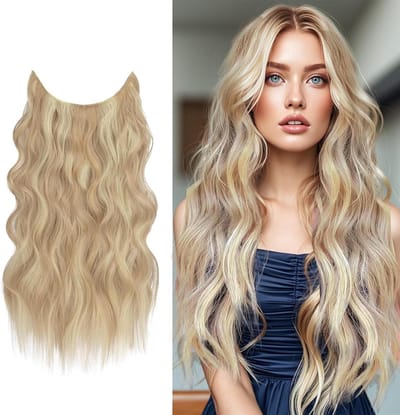 EGoods - Clip-in haarverlenging met elastiek, lang golvend blond haarstukje voor dames, synthetische haarextensie 55 cm.
